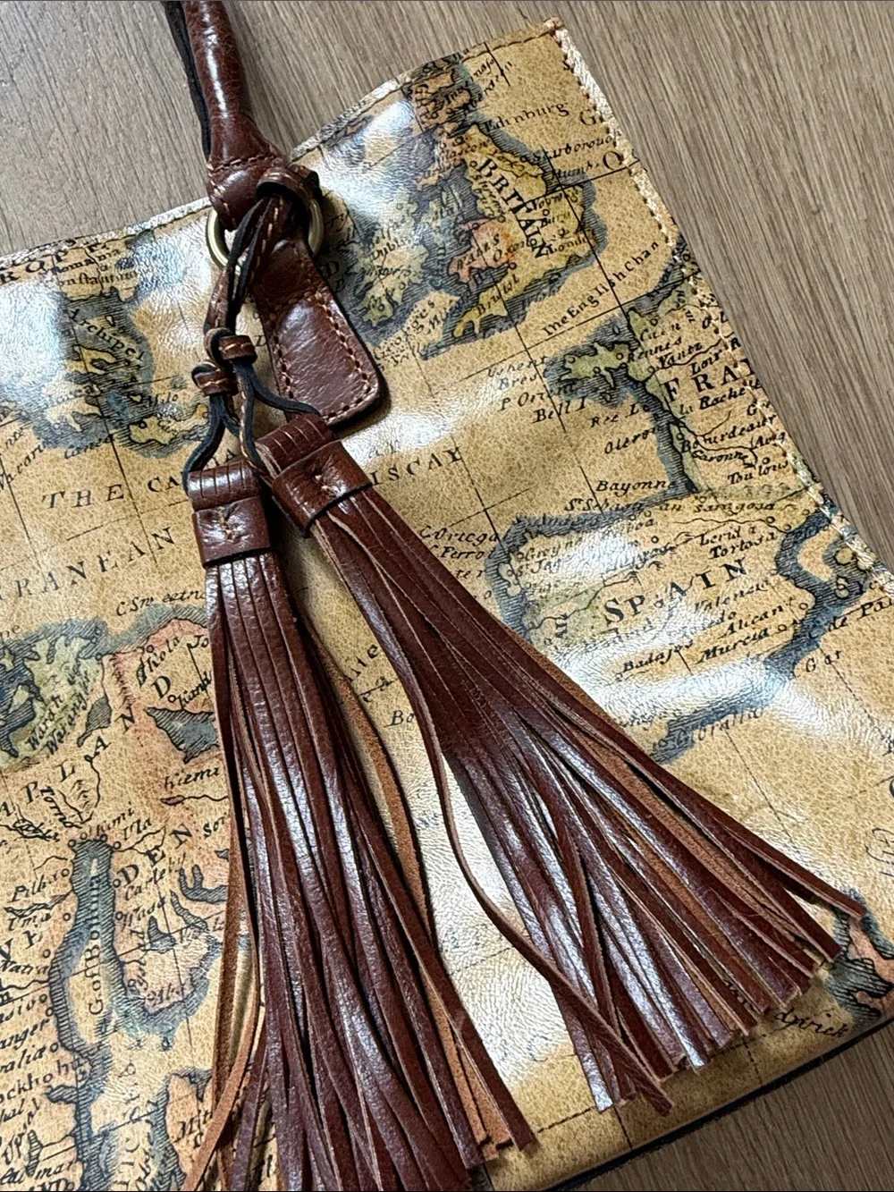 Patricia Nash Vintage Style Map Print Brown Tassel Tote Bag